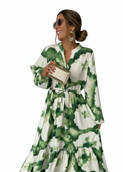 Robe Longue Tie-Dye à Manches Longues et Ceinture