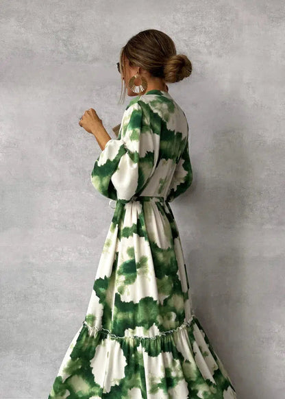 Robe Longue Tie-Dye à Manches Longues et Ceinture
