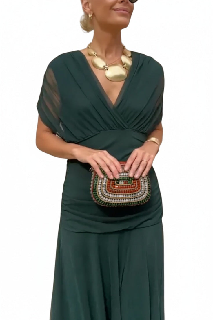 Robe Longue Voile Froncé col en V avec Épaules Dénudées
