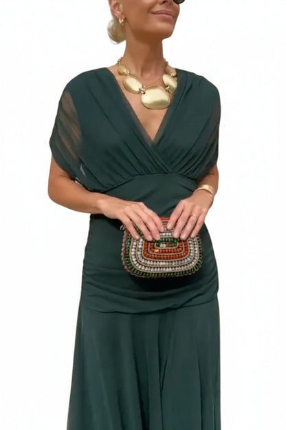 Robe Longue Voile Froncé col en V avec Épaules Dénudées