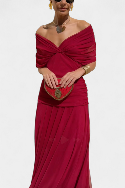 Robe Longue Voile Froncé col en V avec Épaules Dénudées