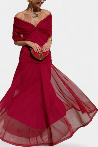 Robe Longue Voile Froncé col en V avec Épaules Dénudées