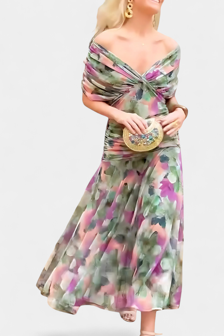 Robe Longue Voile Froncé col en V avec Épaules Dénudées