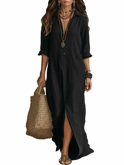 Robe Maxi Bohème à Col Chemise et Fente Latérale