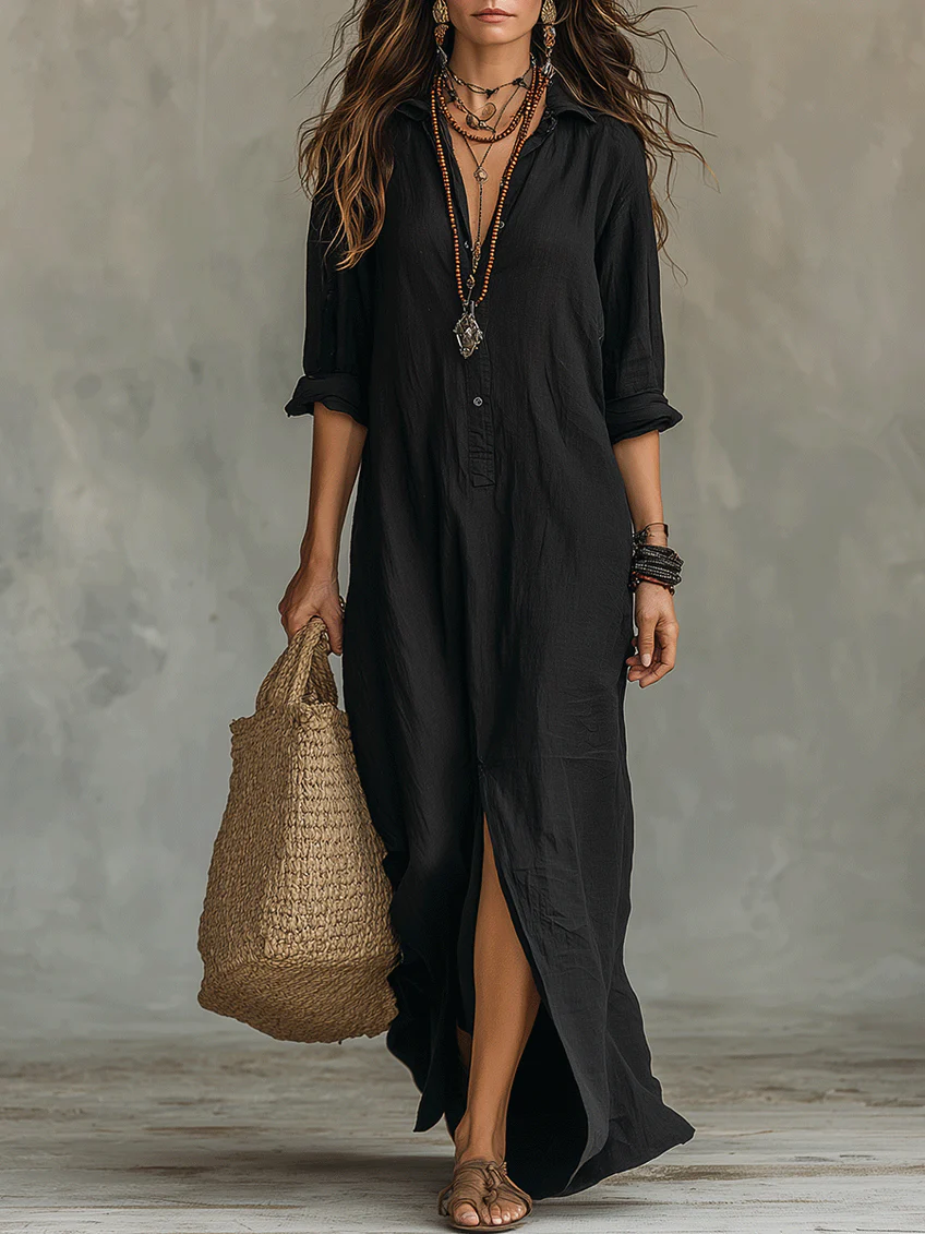 Robe Maxi Bohème à Col Chemise et Fente Latérale