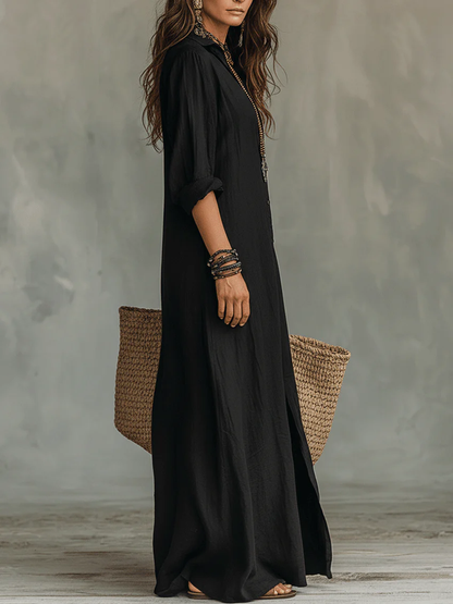 Robe Maxi Bohème à Col Chemise et Fente Latérale