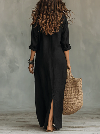 Robe Maxi Bohème à Col Chemise et Fente Latérale