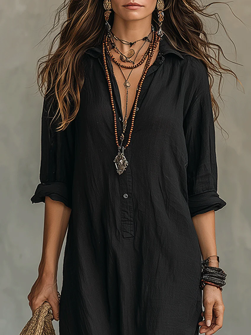 Robe Maxi Bohème à Col Chemise et Fente Latérale