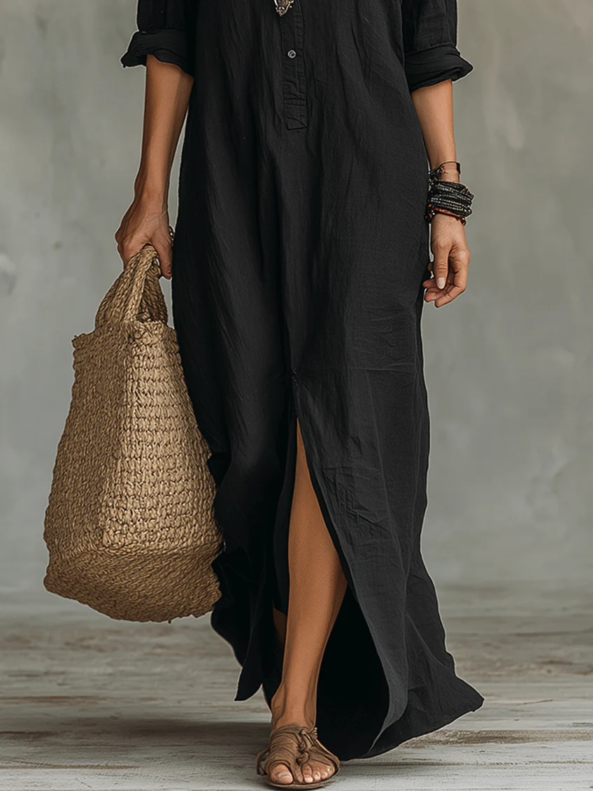 Robe Maxi Bohème à Col Chemise et Fente Latérale