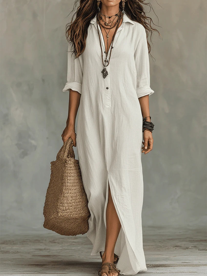 Robe Maxi Bohème à Col Chemise et Fente Latérale