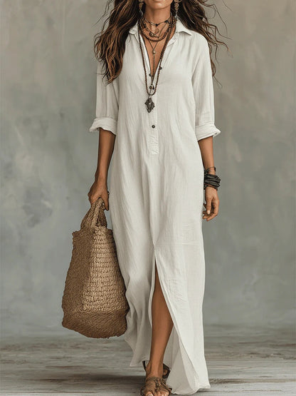 Robe Maxi Bohème à Col Chemise et Fente Latérale