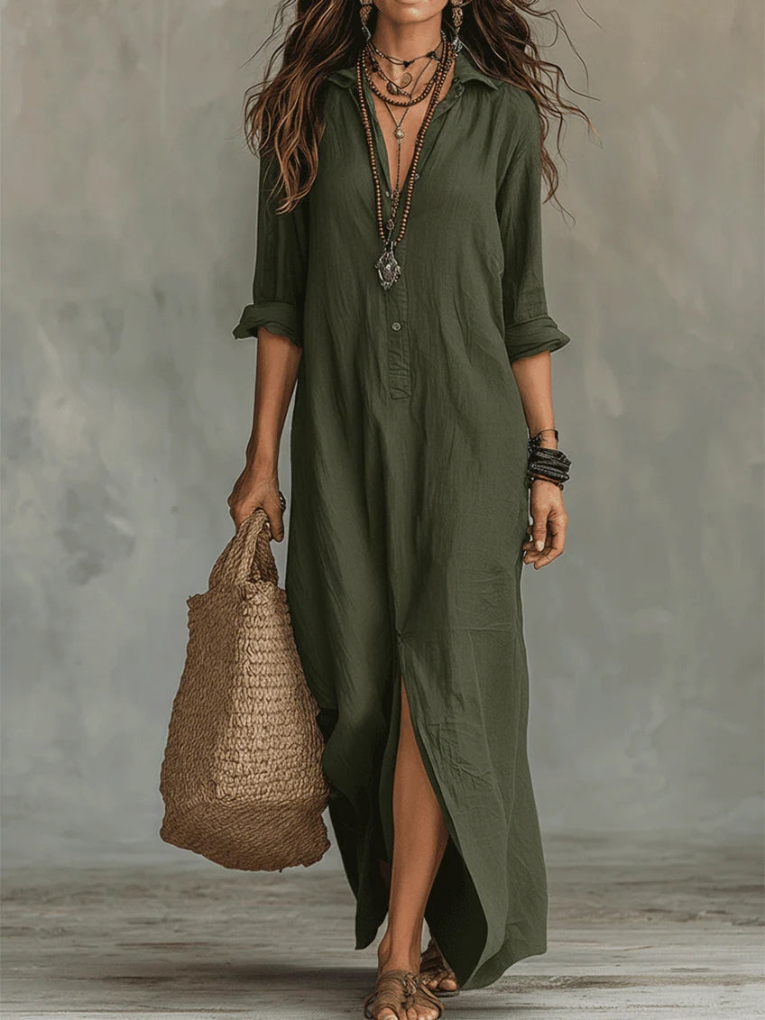 Robe Maxi Bohème à Col Chemise et Fente Latérale