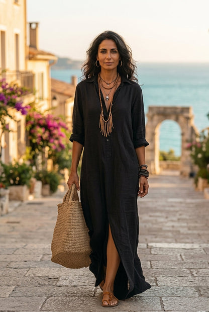 Robe Maxi Bohème à Col Chemise et Fente Latérale