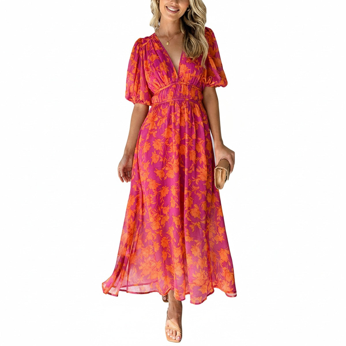 Robe Maxi Fleurie à Col en V et Manches Bouffantes