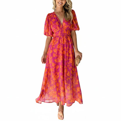 Robe Maxi Fleurie à Col en V et Manches Bouffantes