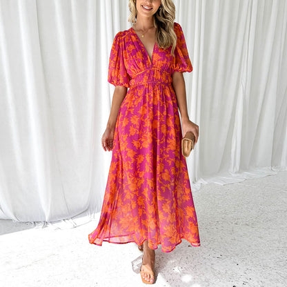 Robe Maxi Fleurie à Col en V et Manches Bouffantes