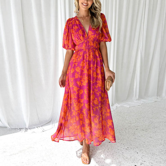 Robe Maxi Fleurie à Col en V et Manches Bouffantes