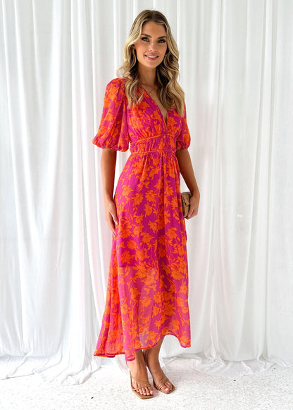 Robe Maxi Fleurie à Col en V et Manches Bouffantes