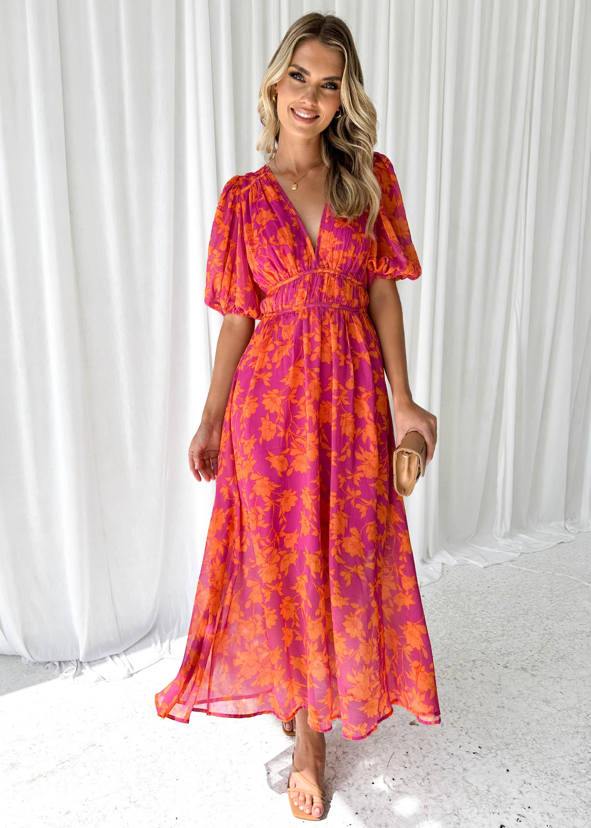 Robe Maxi Fleurie à Col en V et Manches Bouffantes