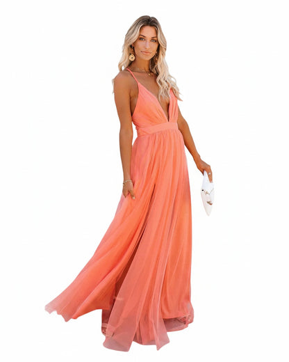Robe Maxi Fluide avec Décolleté Plongeant et Dos Nu Croisé