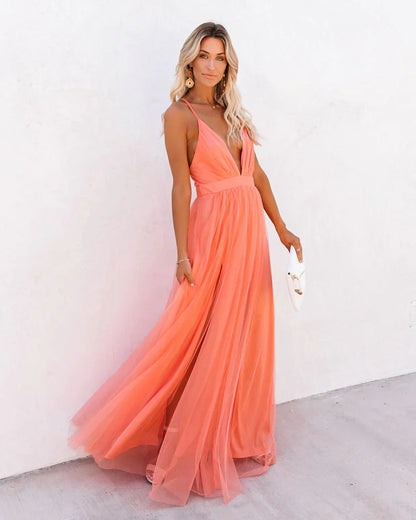 Robe Maxi Fluide avec Décolleté Plongeant et Dos Nu Croisé