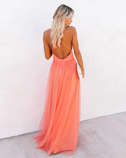 Robe Maxi Fluide avec Décolleté Plongeant et Dos Nu Croisé