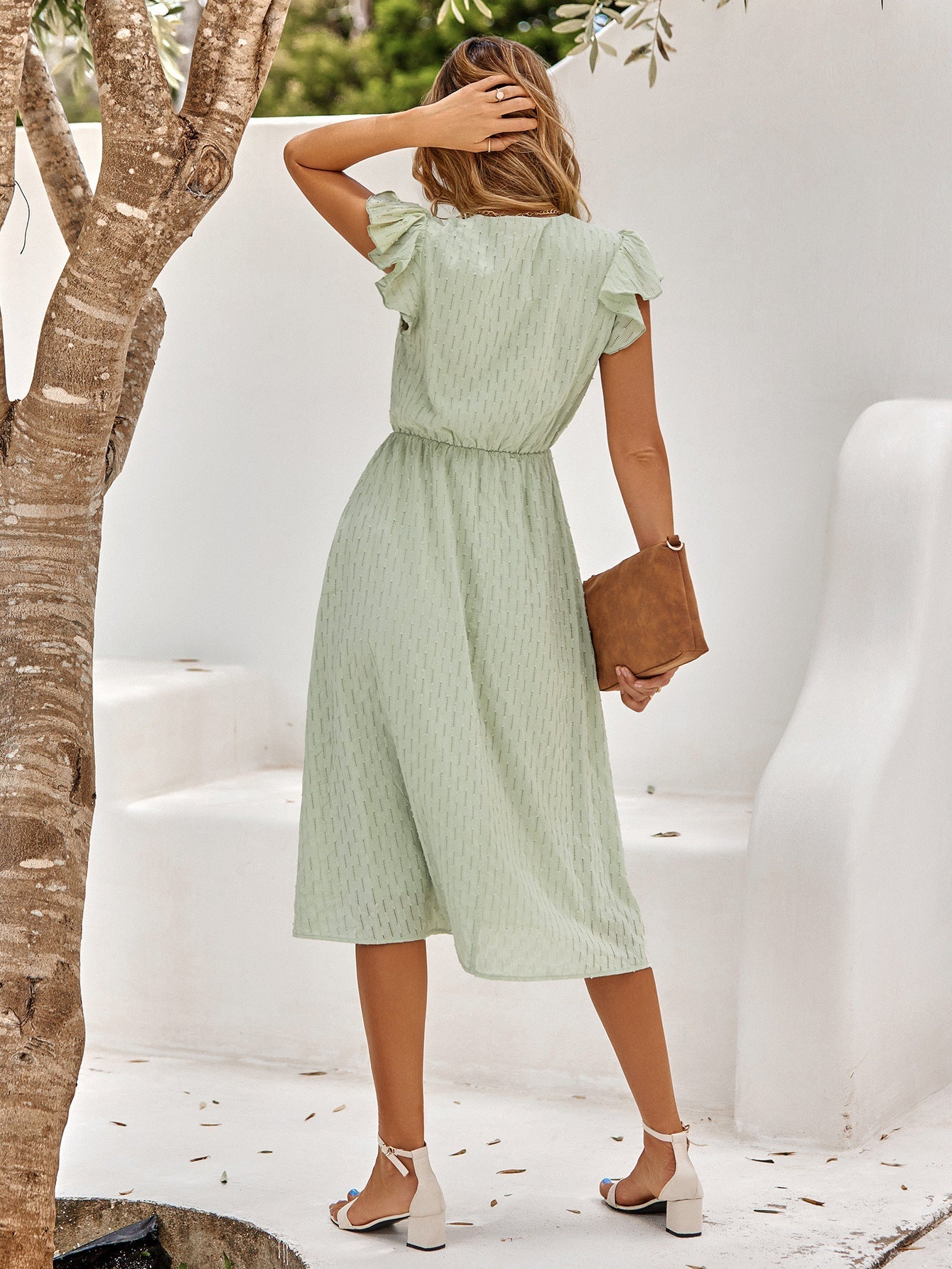 Robe Midi à Col V avec Manches Volantées et Taille Élastiquée