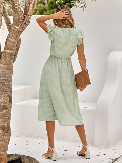 Robe Midi à Col V avec Manches Volantées et Taille Élastiquée