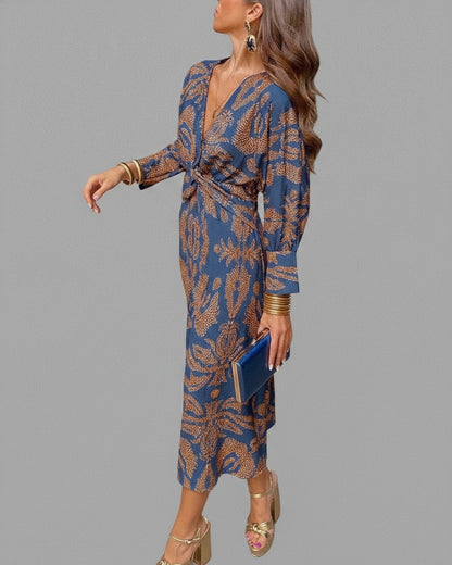 Robe Midi à Devant Torsadé et Décolleté en V avec Imprimé Floral