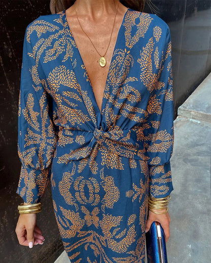 Robe Midi à Devant Torsadé et Décolleté en V avec Imprimé Floral