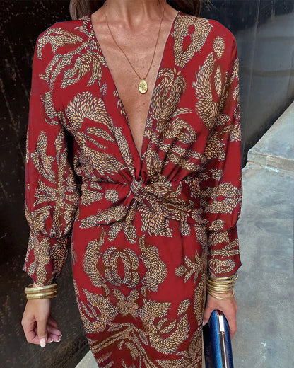 Robe Midi à Devant Torsadé et Décolleté en V avec Imprimé Floral