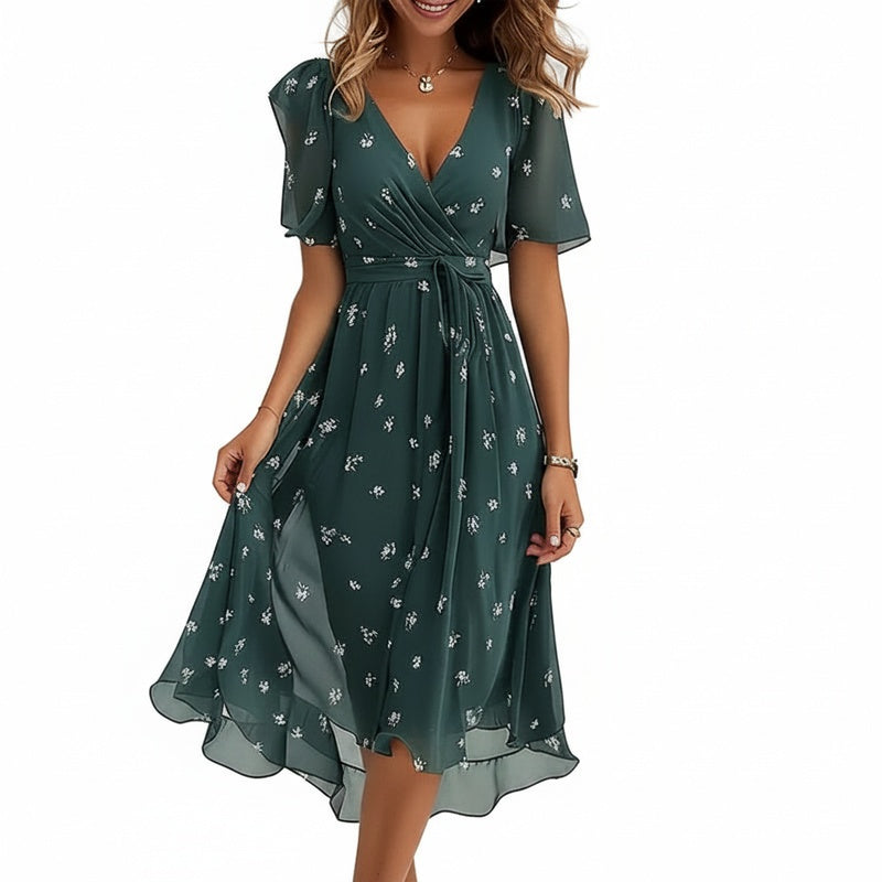 Robe Midi Fleurie à Col en V et Ceinture Nouée