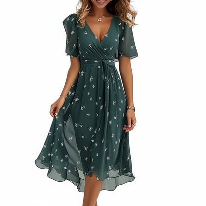 Robe Midi Fleurie à Col en V et Ceinture Nouée