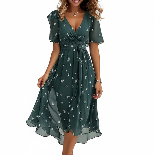 Robe Midi Fleurie à Col en V et Ceinture Nouée