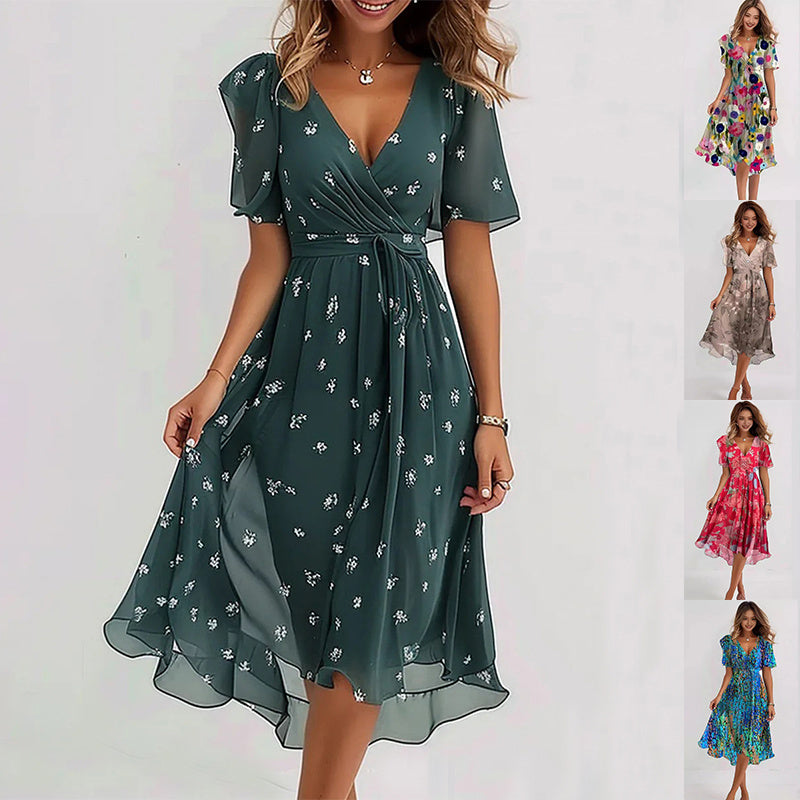 Robe Midi Fleurie à Col en V et Ceinture Nouée