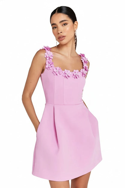 Robe Mini sans Manches avec Fleurs 3D et Encolure Ornée