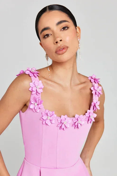 Robe Mini sans Manches avec Fleurs 3D et Encolure Ornée