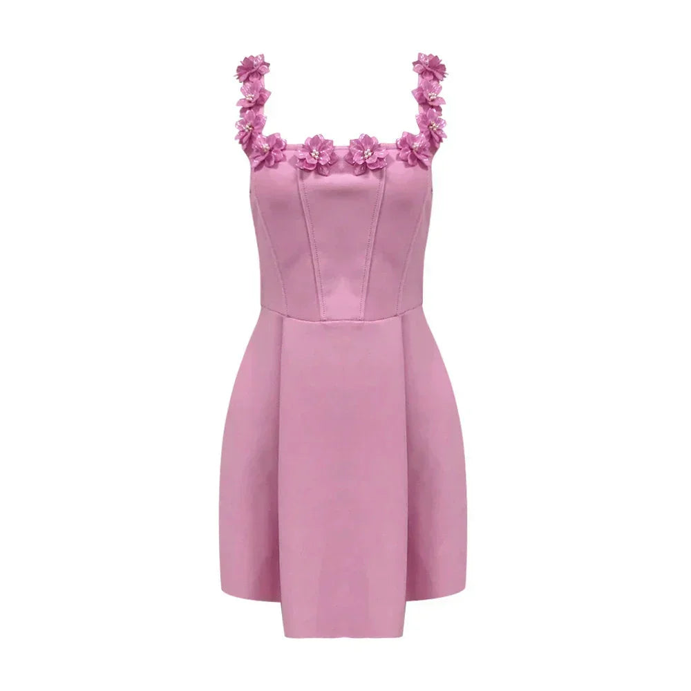 Robe Mini sans Manches avec Fleurs 3D et Encolure Ornée