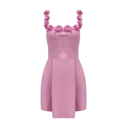 Robe Mini sans Manches avec Fleurs 3D et Encolure Ornée